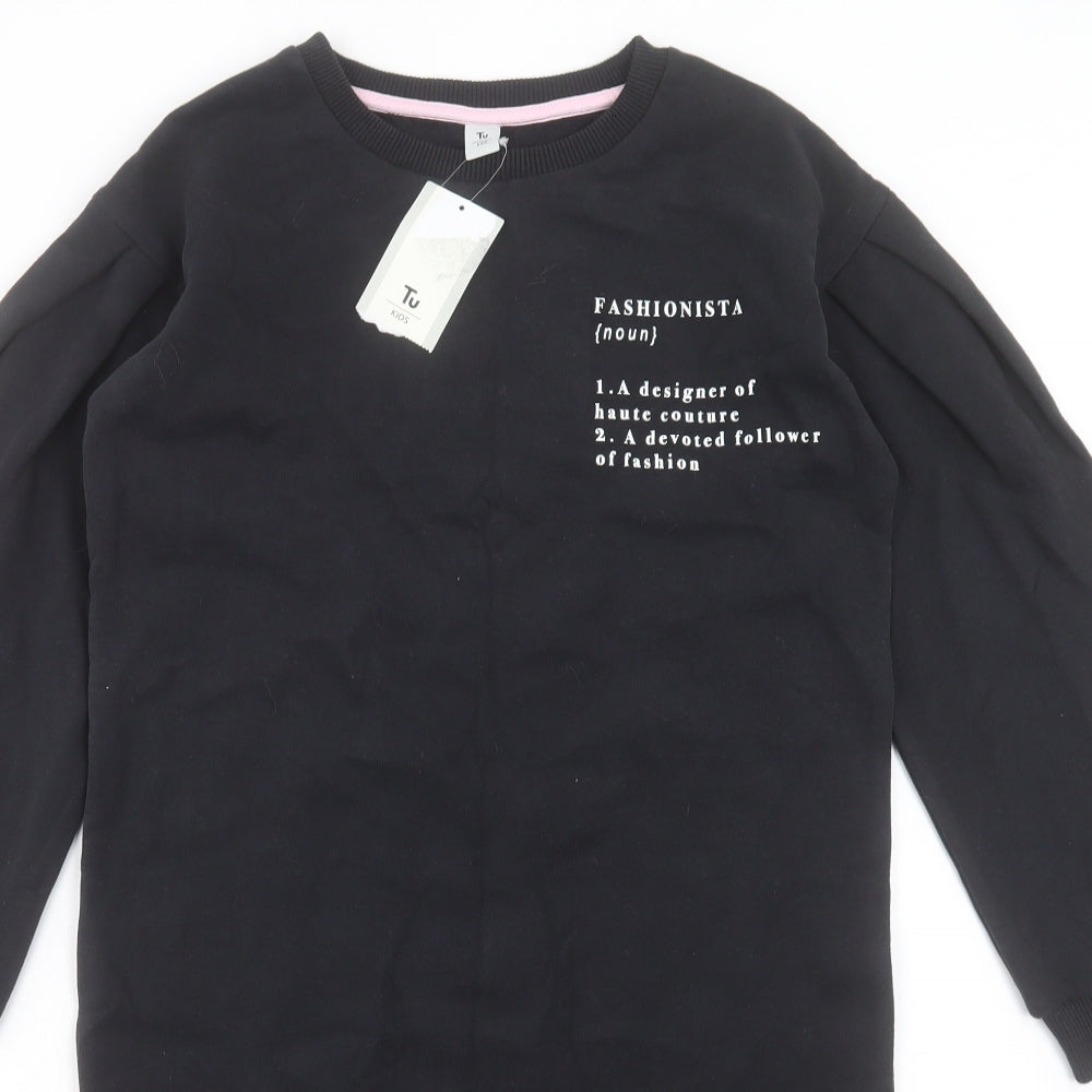 TU Girls Black Cotton Jumper Dress Size 11 Years Crew Neck Pullover
