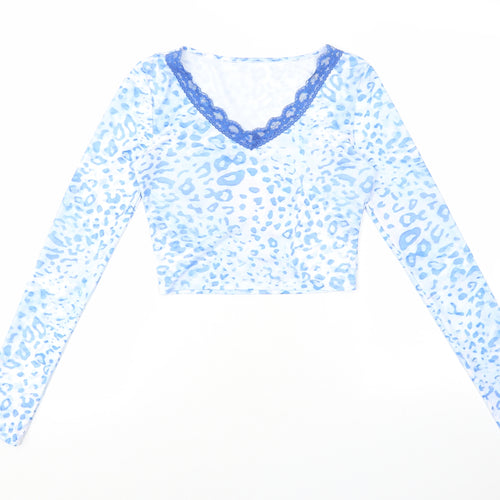 SheIn Womens Multicoloured Animal Print Polyester Cropped T-Shirt Size XS V-Neck - Leopard print lace detail