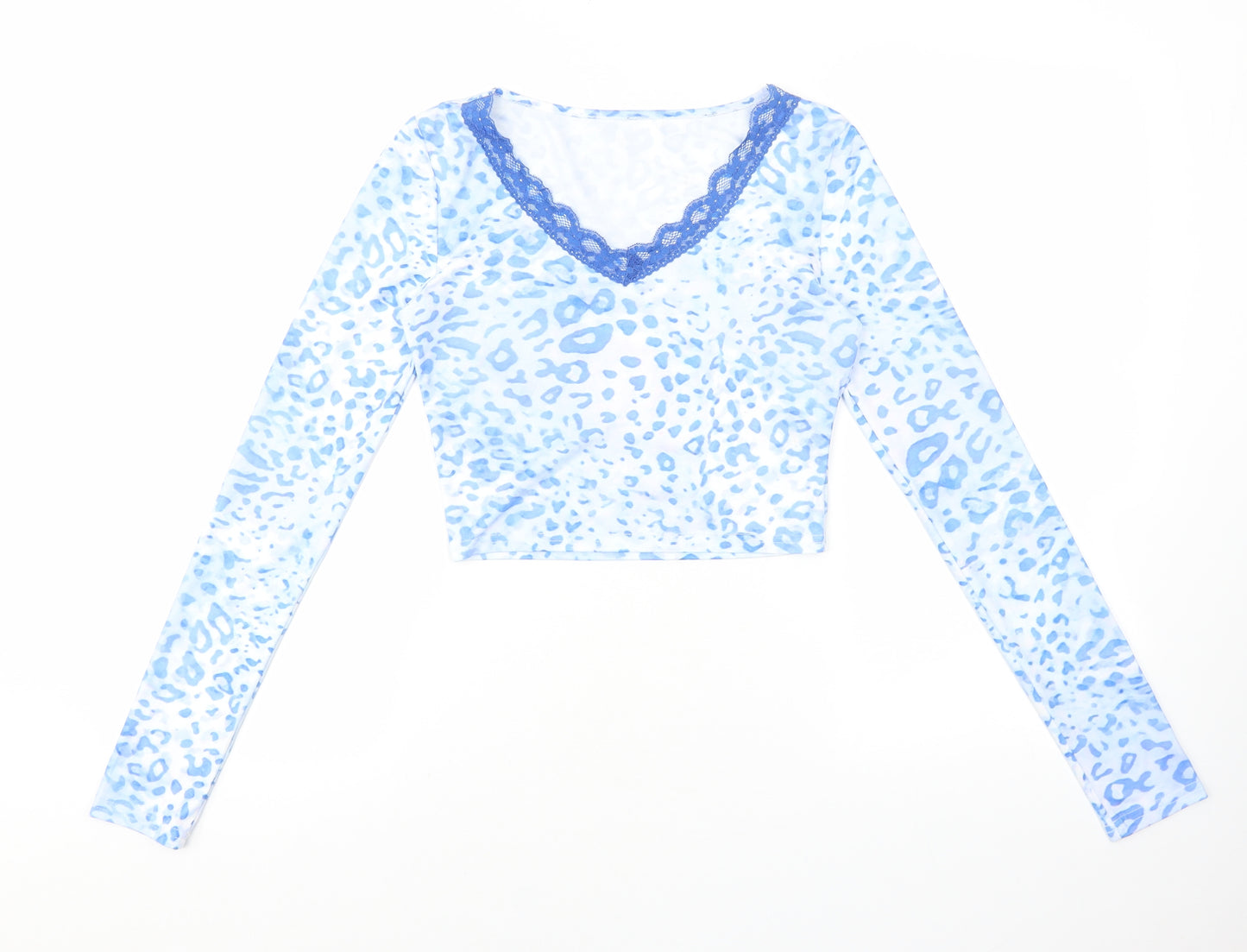 SheIn Womens Multicoloured Animal Print Polyester Cropped T-Shirt Size XS V-Neck - Leopard print lace detail