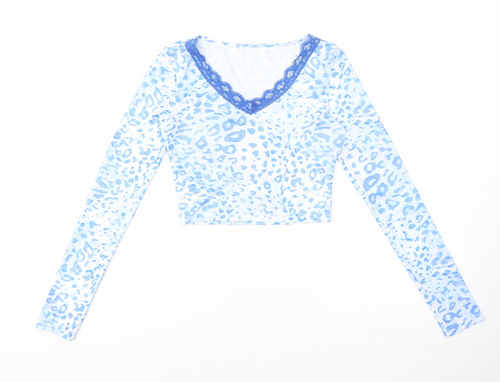 SheIn Womens Multicoloured Animal Print Polyester Cropped T-Shirt Size XS V-Neck - Leopard print lace detail