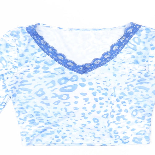 SheIn Womens Multicoloured Animal Print Polyester Cropped T-Shirt Size XS V-Neck - Leopard print lace detail