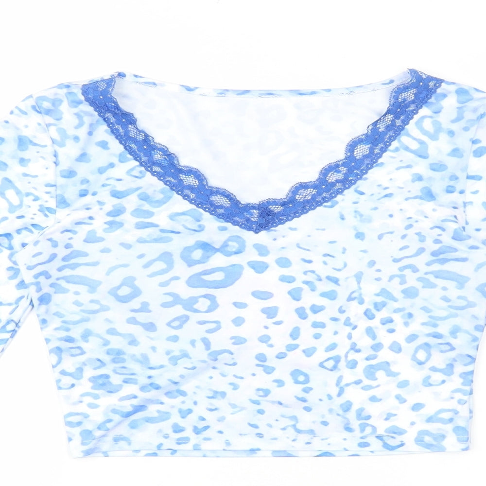 SheIn Womens Multicoloured Animal Print Polyester Cropped T-Shirt Size XS V-Neck - Leopard print lace detail
