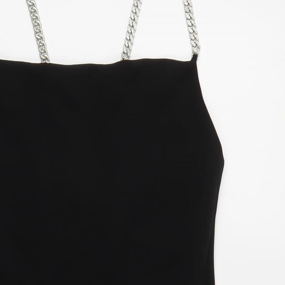 Zara Womens Black Polyester Slip Dress Size S Square Neck Pullover - Diamante Straps
