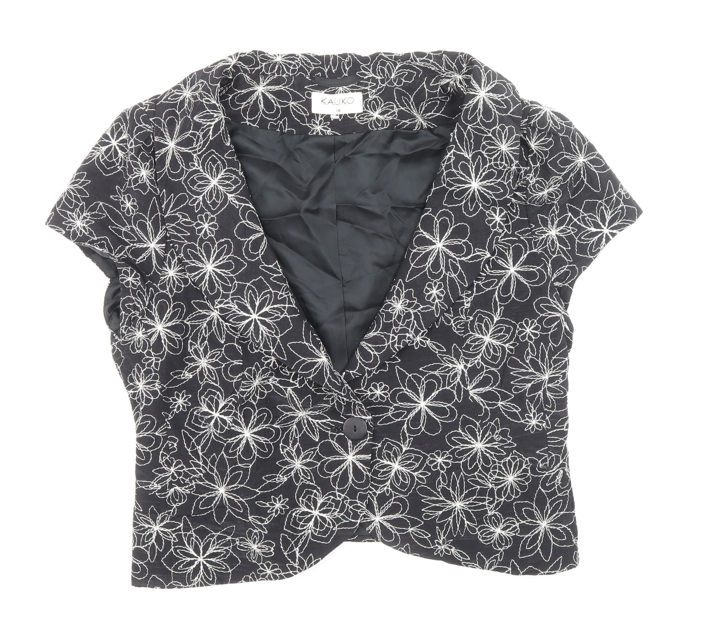 Kaliko Womens Black Floral Jacket Blazer Size 14 Button - Frill Style Hem