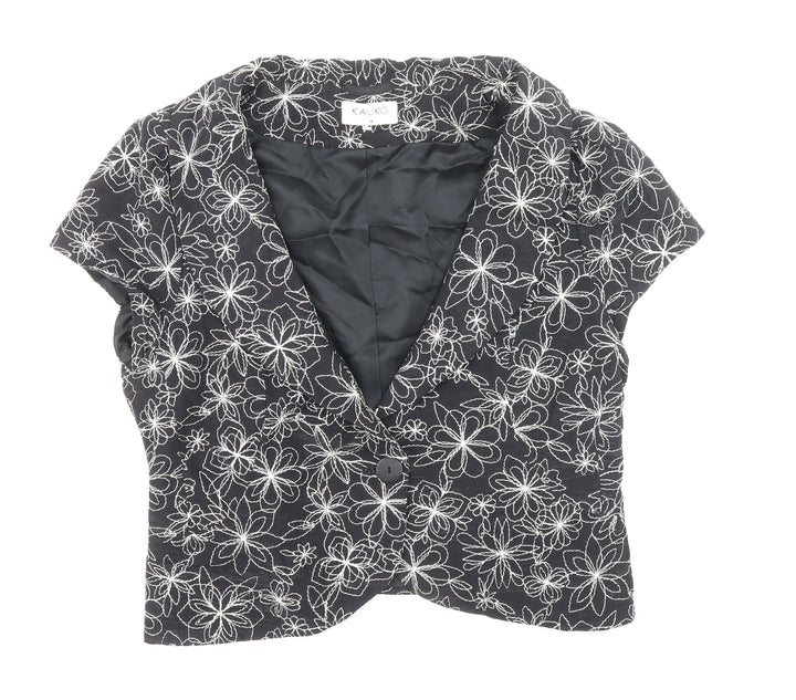 Kaliko Womens Black Floral Jacket Blazer Size 14 Button - Frill Style Hem