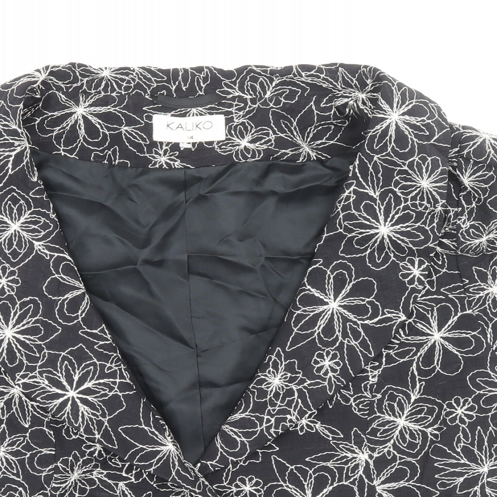 Kaliko Womens Black Floral Jacket Blazer Size 14 Button - Frill Style Hem