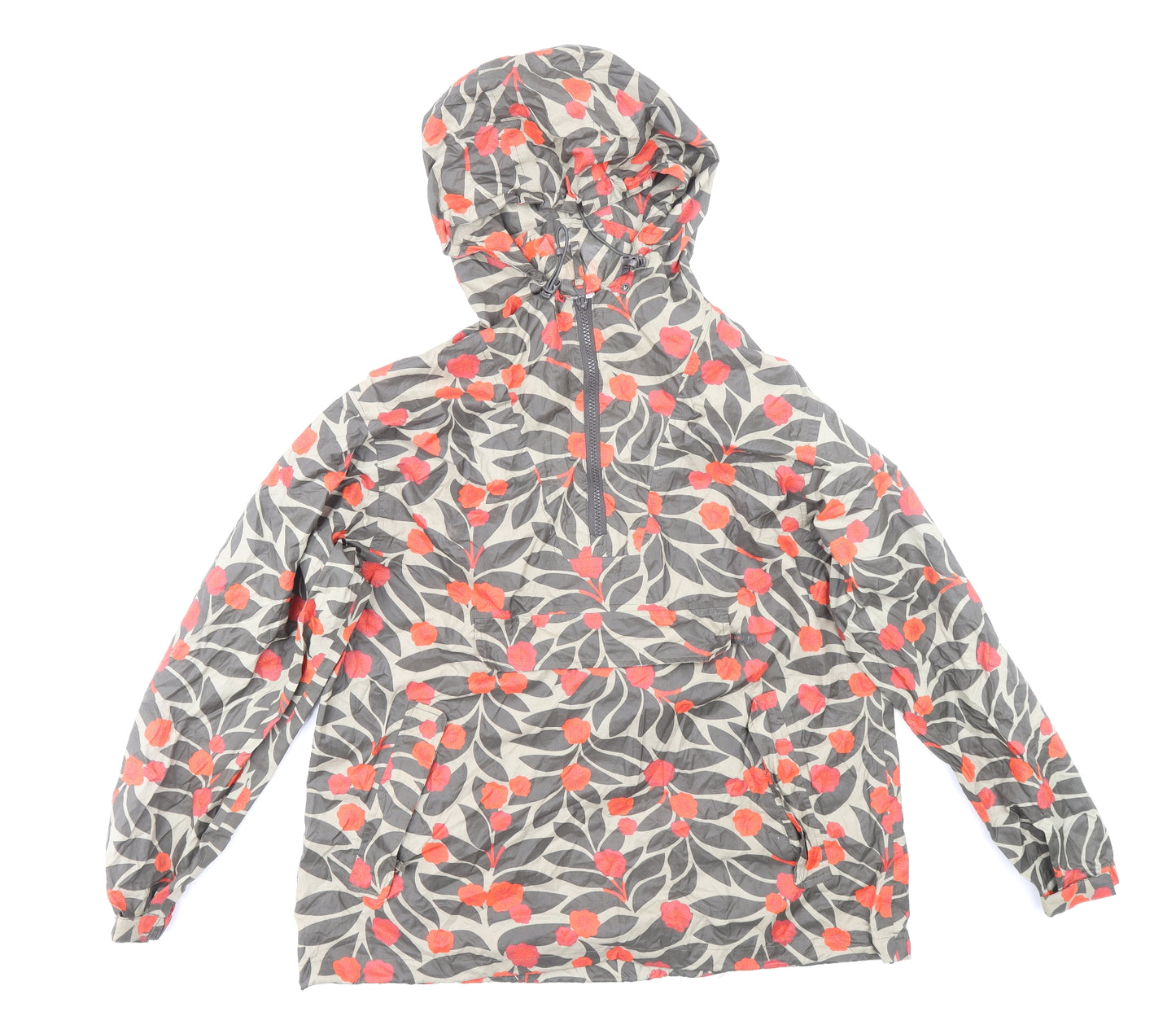 Preworn Womens Multicoloured Floral Anorak Coat Size L Zip - Drawstring Hood