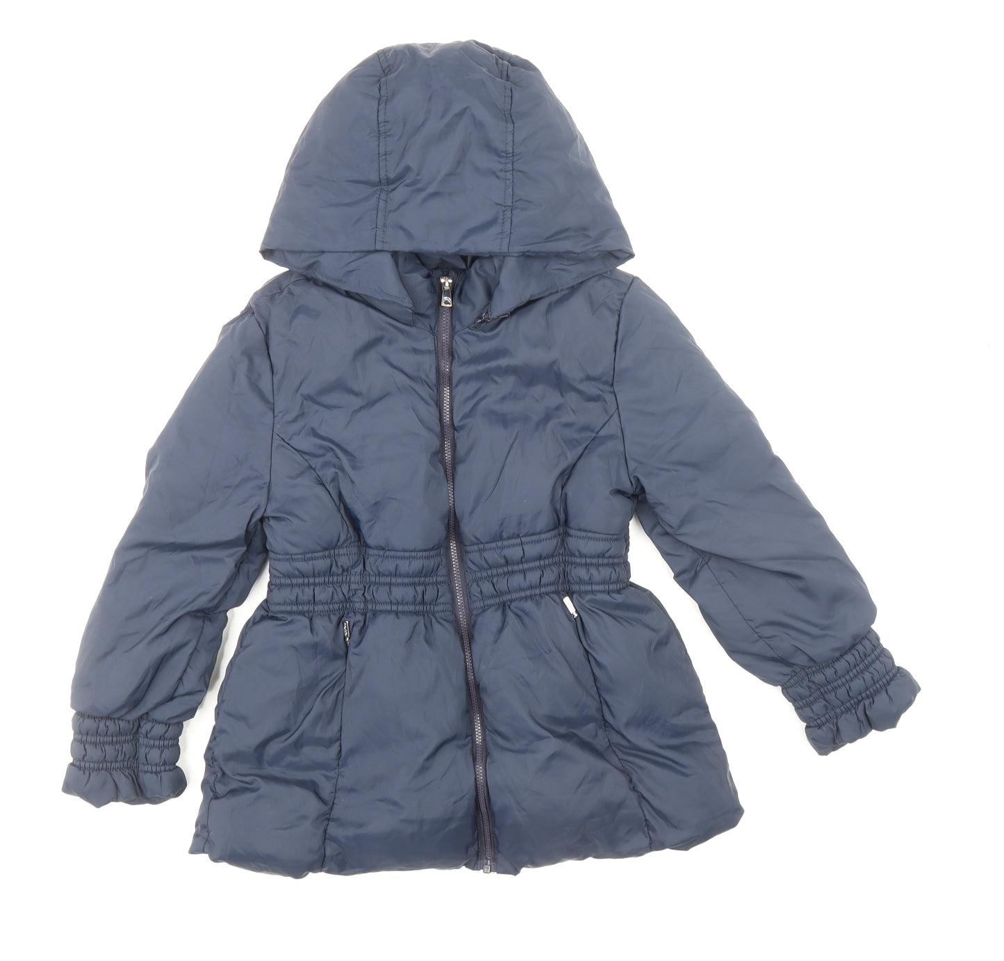 Mayoral Girls Blue Quilted Coat Size 7 Years Zip - Gathered Waist & Cuff, Faux Fur Lining