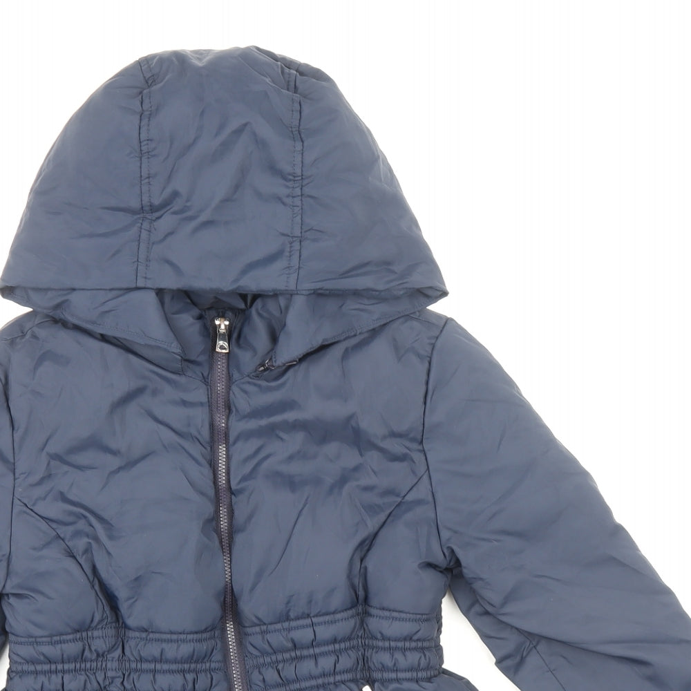 Mayoral Girls Blue Quilted Coat Size 7 Years Zip - Gathered Waist & Cuff, Faux Fur Lining