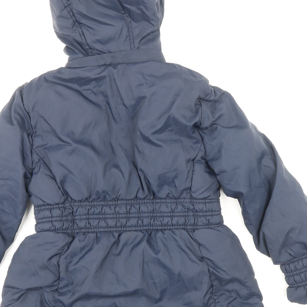 Mayoral Girls Blue Quilted Coat Size 7 Years Zip - Gathered Waist & Cuff, Faux Fur Lining