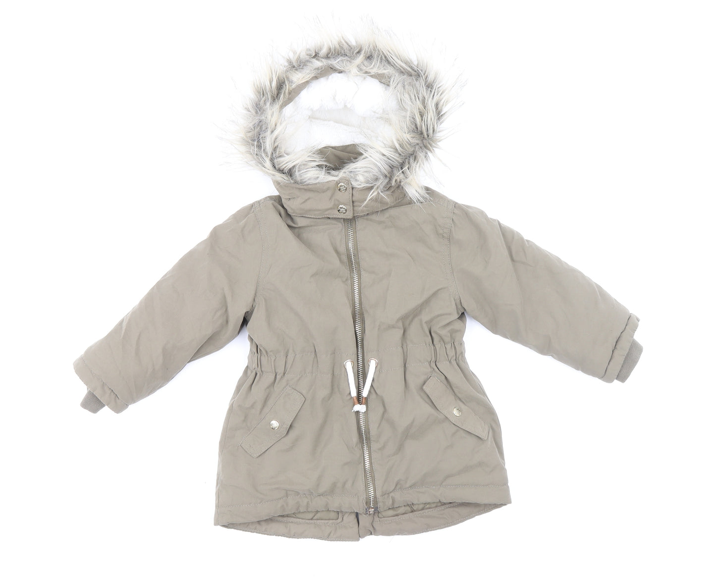H&M Girls Green Parka Coat Size 18-24 Months Zip - Drawstring Belt