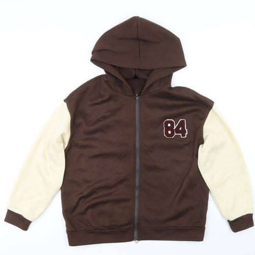 SheIn Womens Brown Colourblock Polyester Full Zip Hoodie Size S Zip - Varsity Style Number 84 Aplique
