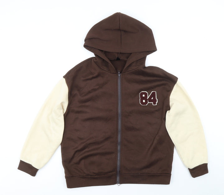 SheIn Womens Brown Colourblock Polyester Full Zip Hoodie Size S Zip - Varsity Style Number 84 Aplique