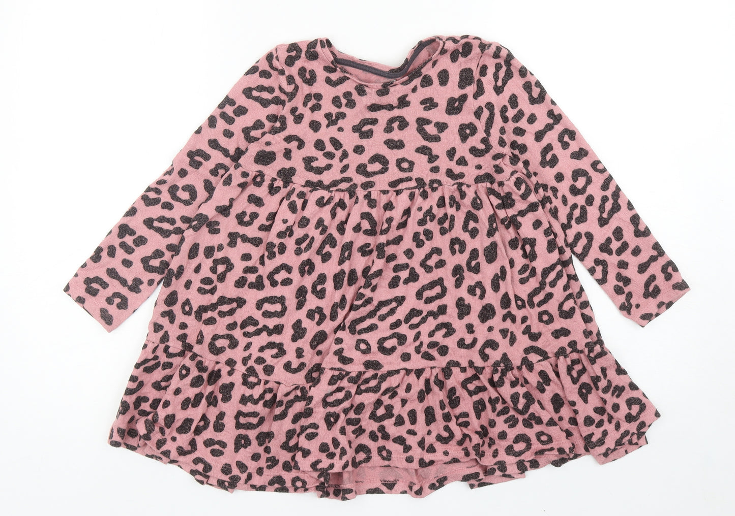 F&F Girls Pink Animal Print Viscose Jumper Dress Size 6-7 Years Round Neck Pullover - Leopard Print