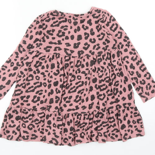 F&F Girls Pink Animal Print Viscose Jumper Dress Size 6-7 Years Round Neck Pullover - Leopard Print