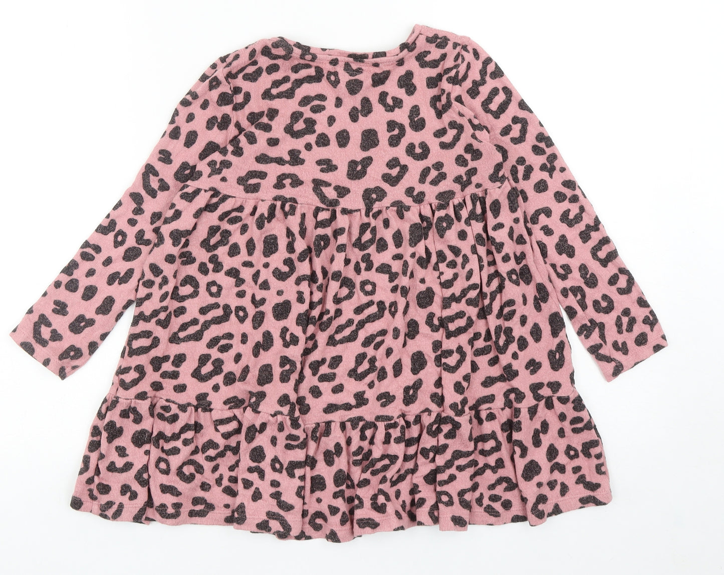 F&F Girls Pink Animal Print Viscose Jumper Dress Size 6-7 Years Round Neck Pullover - Leopard Print