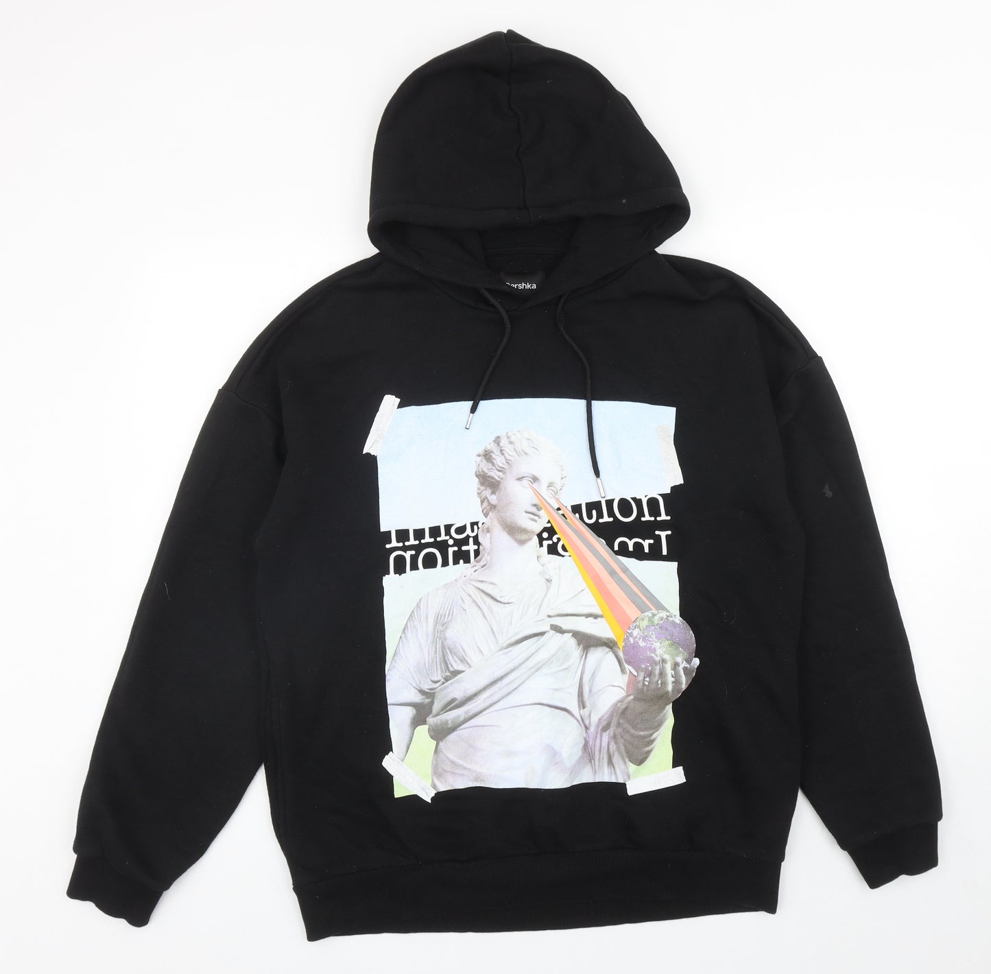 Bershka Mens Black Cotton Pullover Hoodie Size M - Statue Print