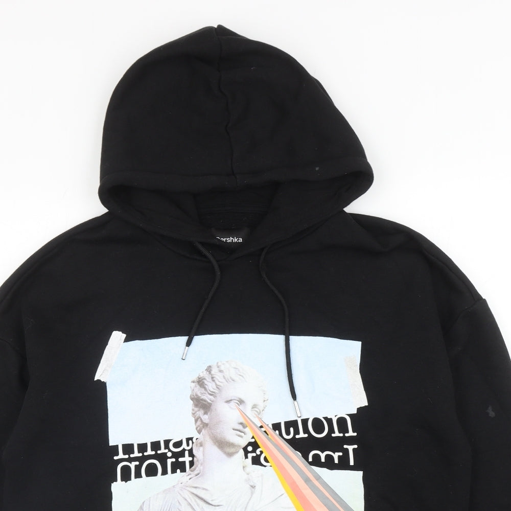 Bershka Mens Black Cotton Pullover Hoodie Size M - Statue Print