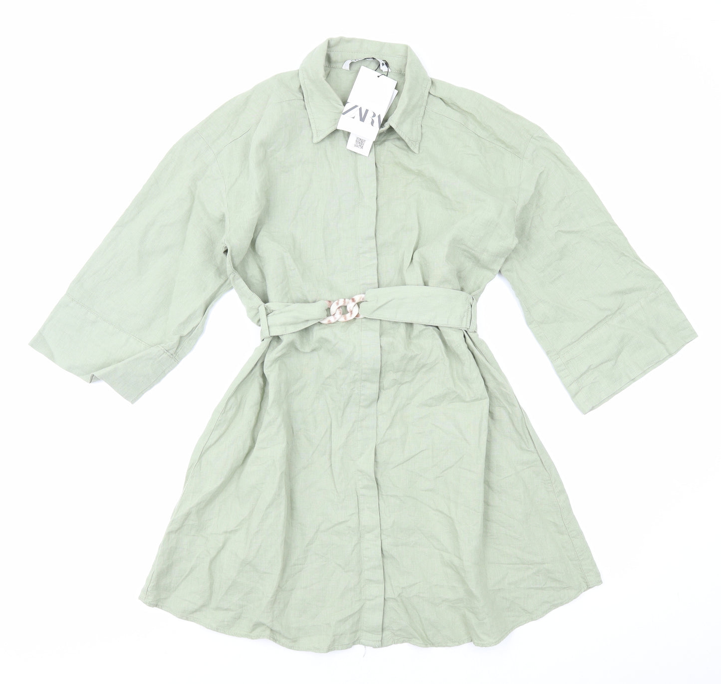 Zara Womens Green Cotton Shirt Dress Size XS Collared Button