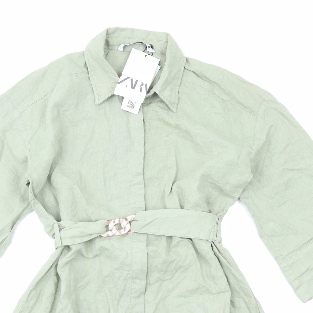 Zara Womens Green Cotton Shirt Dress Size XS Collared Button