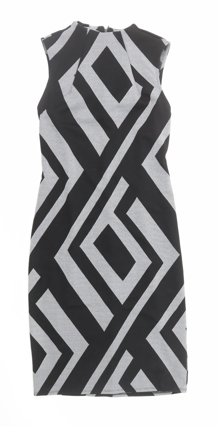 Principles Womens Black Geometric Polyester A-Line Size 12 Mock Neck Zip