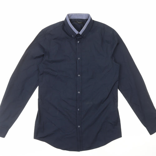 New Look Mens Blue Polyester Dress Shirt Size M Collared Button
