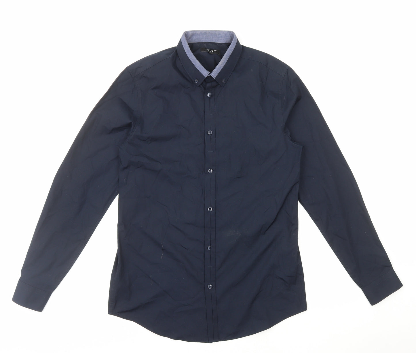 New Look Mens Blue Polyester Dress Shirt Size M Collared Button