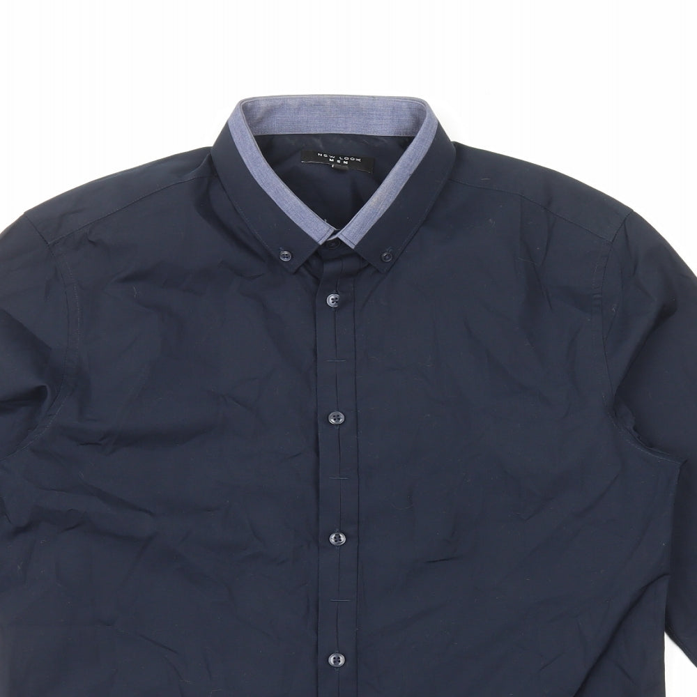 New Look Mens Blue Polyester Dress Shirt Size M Collared Button