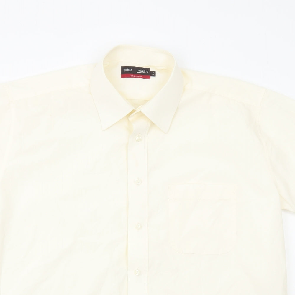 Marks and Spencer Mens Ivory Polyester Dress Shirt Size L Collared Button