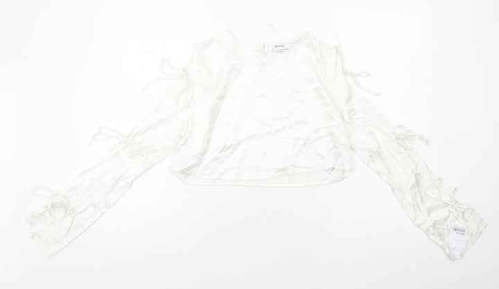 Bershka Womens White Polyester Cropped T-Shirt Size M Round Neck - Arm Cut Outs