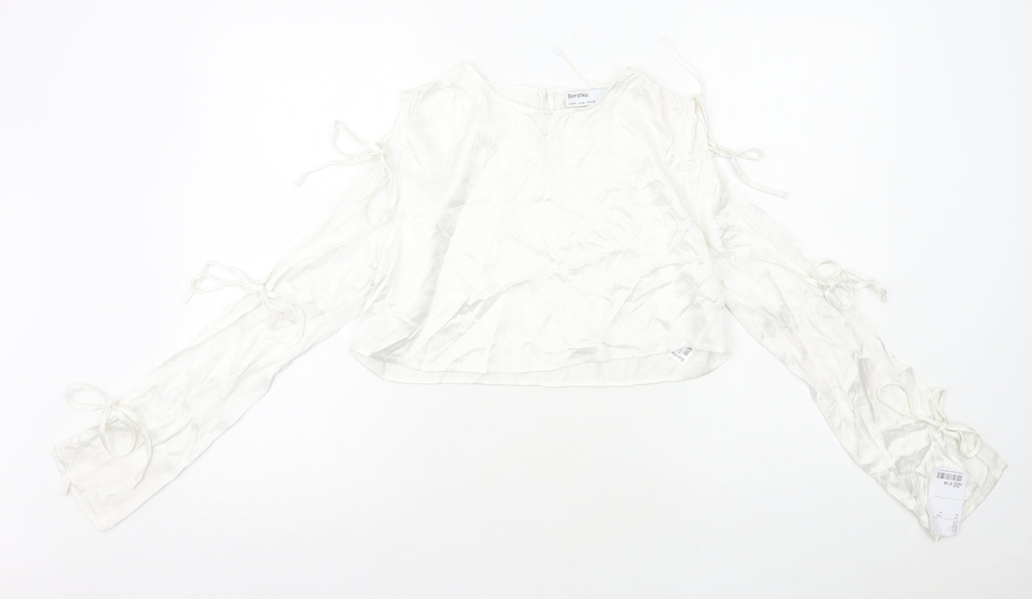 Bershka Womens White Polyester Cropped T-Shirt Size M Round Neck - Arm Cut Outs