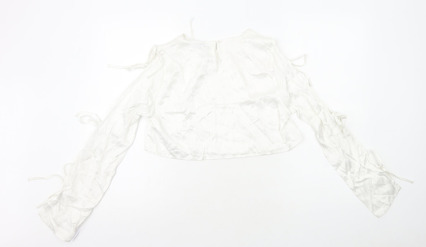 Bershka Womens White Polyester Cropped T-Shirt Size M Round Neck - Arm Cut Outs