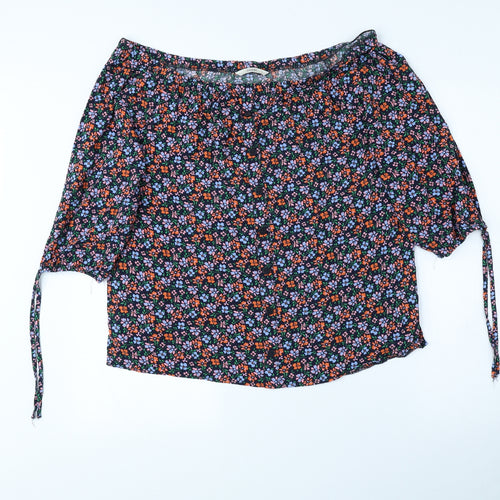 George Womens Black Floral Viscose Basic Button-Up Size 14 Off the Shoulder - Elasticated Collar