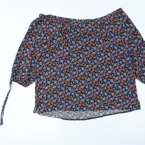 George Womens Black Floral Viscose Basic Button-Up Size 14 Off the Shoulder - Elasticated Collar