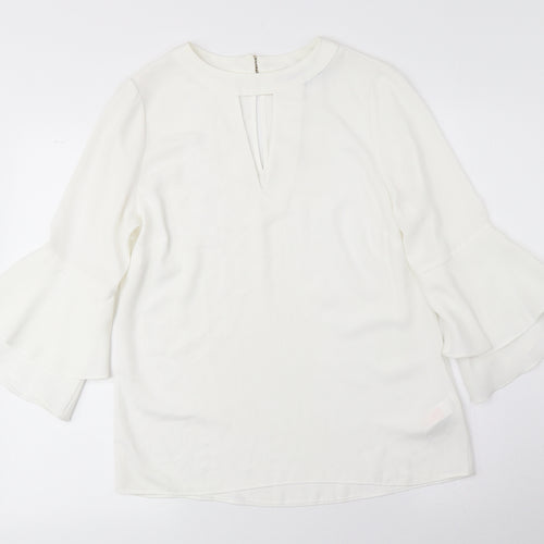F&F Womens White Polyester Basic Blouse Size 8 Boat Neck - Flared Sleeves