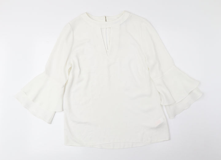 F&F Womens White Polyester Basic Blouse Size 8 Boat Neck - Flared Sleeves