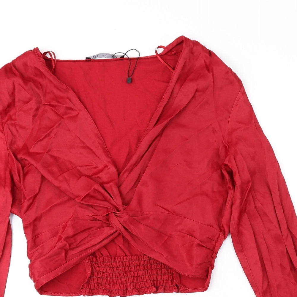 Zara Womens Red Viscose Cropped Blouse Size 12 V-Neck