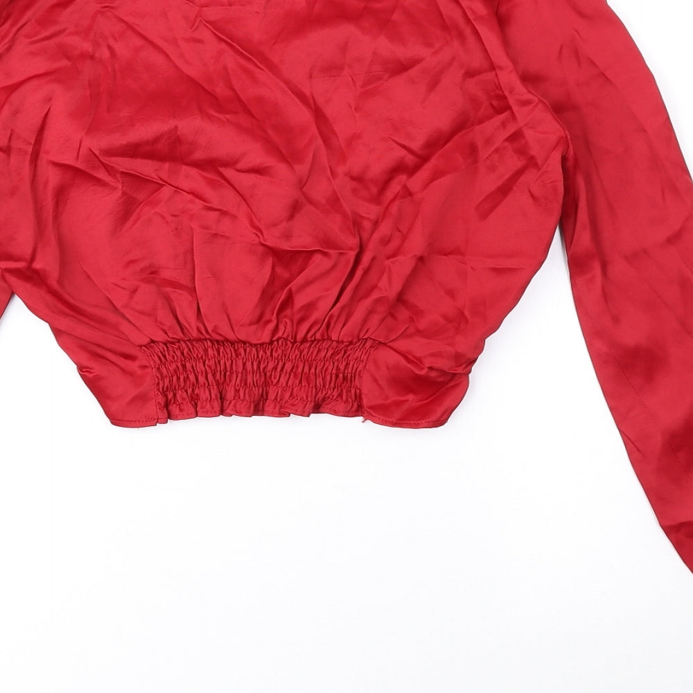 Zara Womens Red Viscose Cropped Blouse Size 12 V-Neck