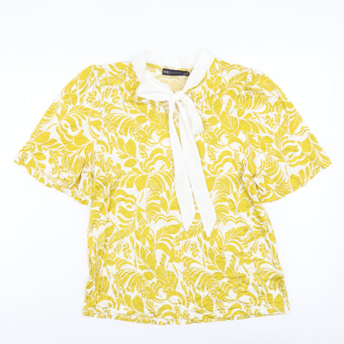 Marks and Spencer Womens Yellow Geometric Viscose Basic T-Shirt Size 10 Round Neck