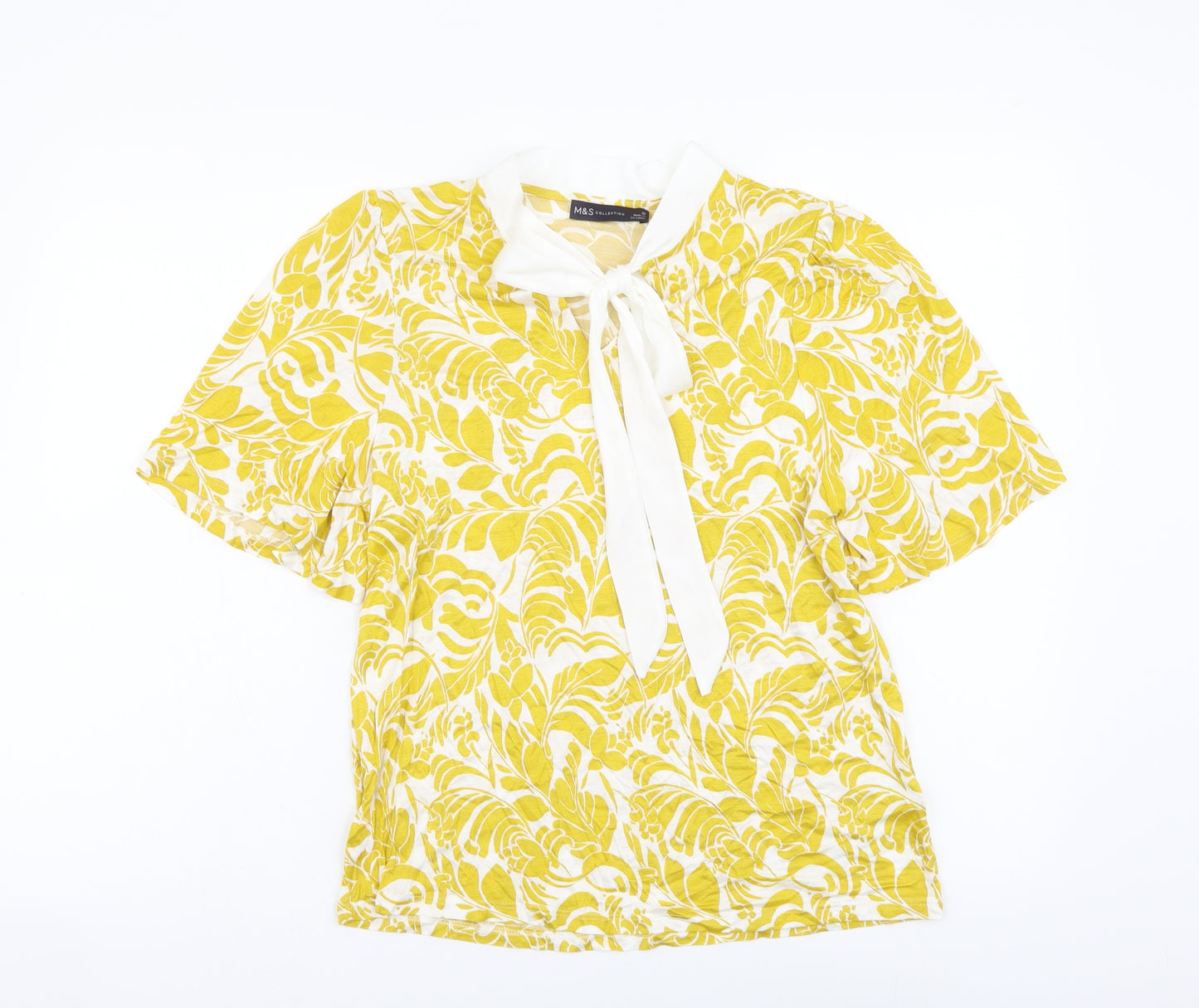 Marks and Spencer Womens Yellow Geometric Viscose Basic T-Shirt Size 10 Round Neck