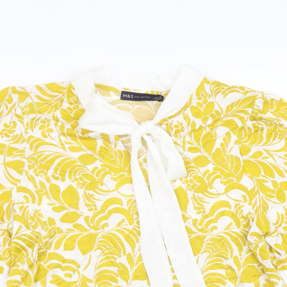 Marks and Spencer Womens Yellow Geometric Viscose Basic T-Shirt Size 10 Round Neck