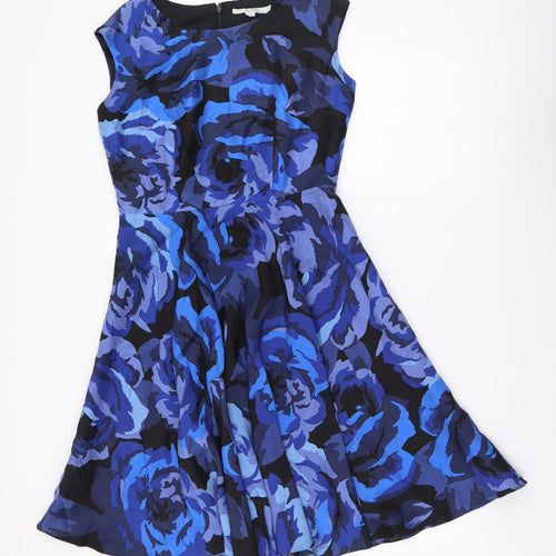 Boden Womens Blue Floral Polyester A-Line Size 10 Round Neck Zip