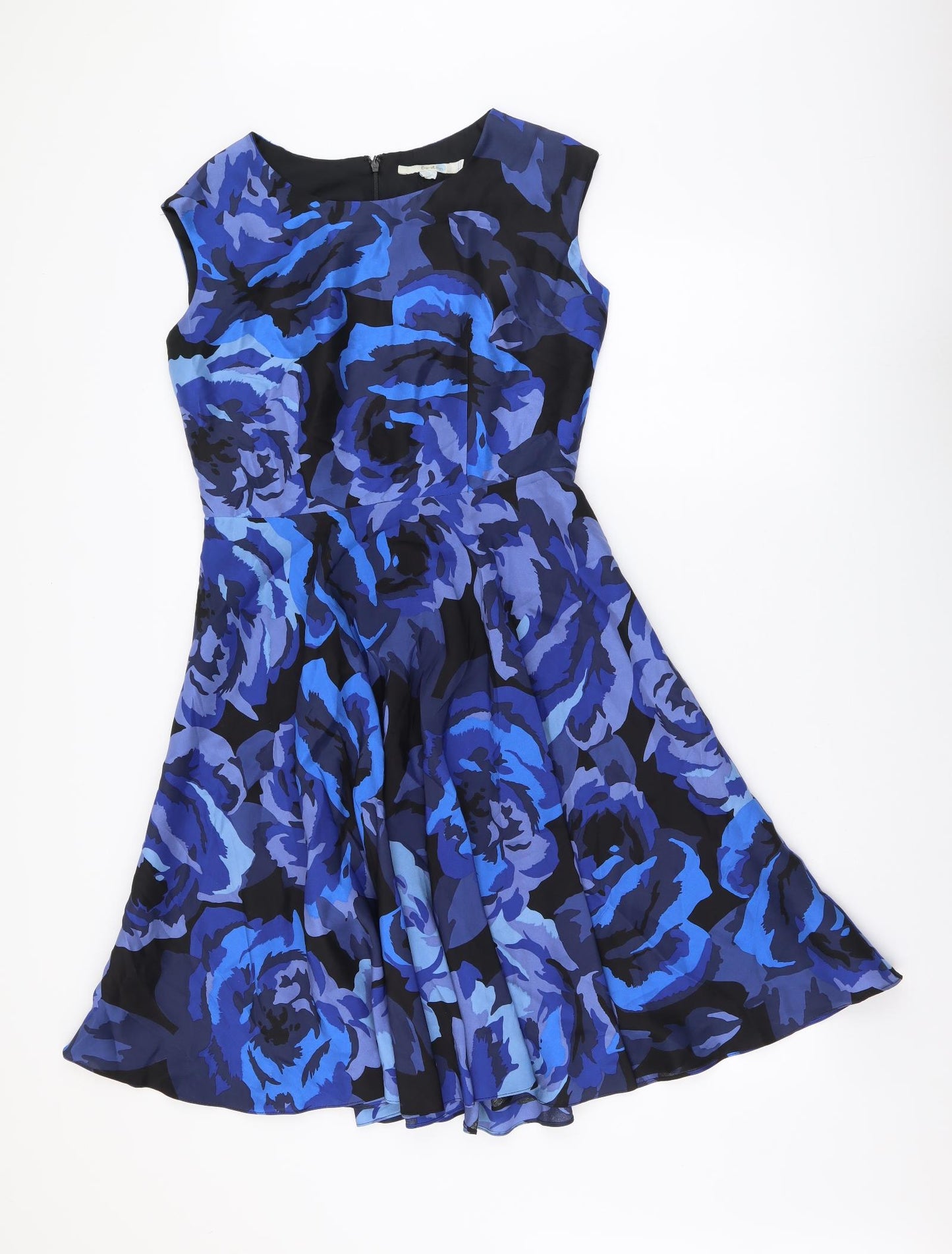 Boden Womens Blue Floral Polyester A-Line Size 10 Round Neck Zip