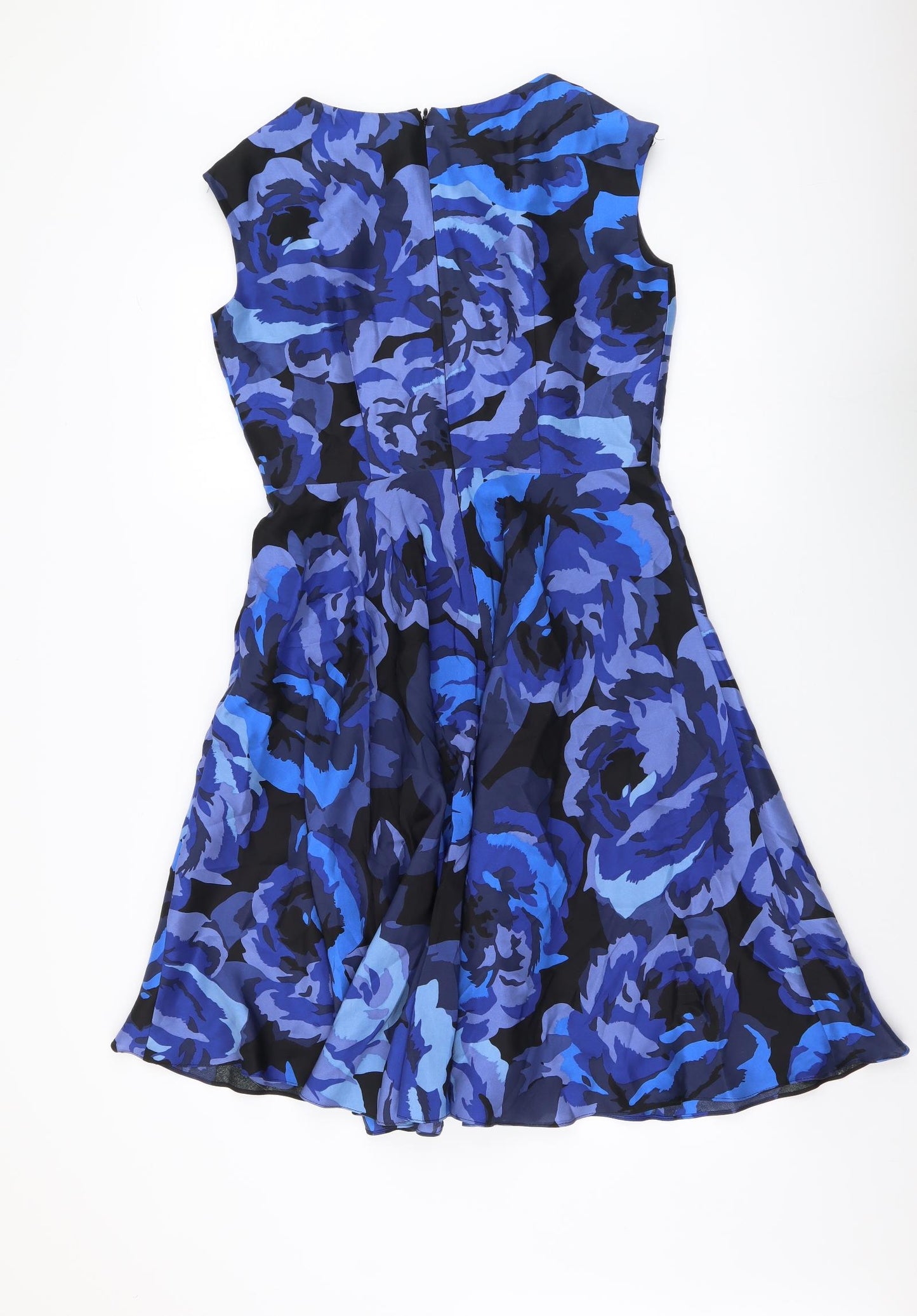 Boden Womens Blue Floral Polyester A-Line Size 10 Round Neck Zip