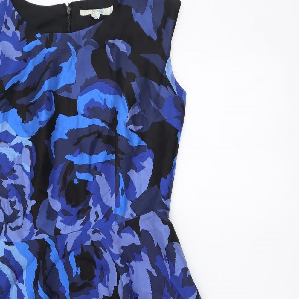 Boden Womens Blue Floral Polyester A-Line Size 10 Round Neck Zip