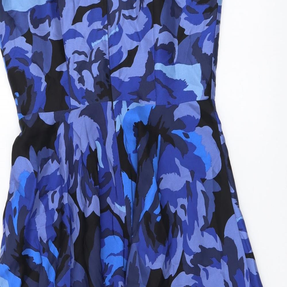 Boden Womens Blue Floral Polyester A-Line Size 10 Round Neck Zip