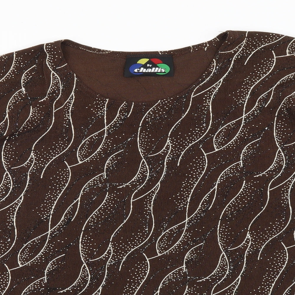 By Challis Womens Brown Geometric Polyester Basic T-Shirt Size L Round Neck