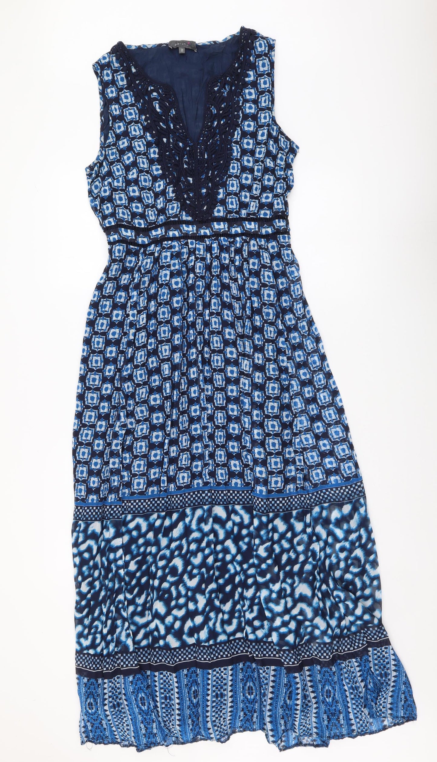 Per Una Womens Blue Geometric Polyester Maxi Size 10 V-Neck Pullover