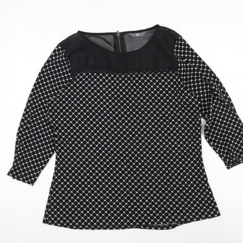 BHS Womens Black Geometric Viscose Basic Blouse Size 16 Boat Neck