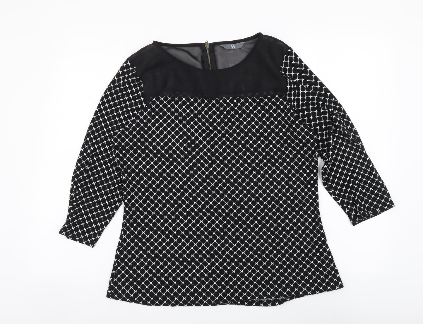 BHS Womens Black Geometric Viscose Basic Blouse Size 16 Boat Neck